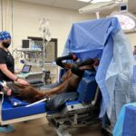 A horse is being examined by doctors in an operating room.